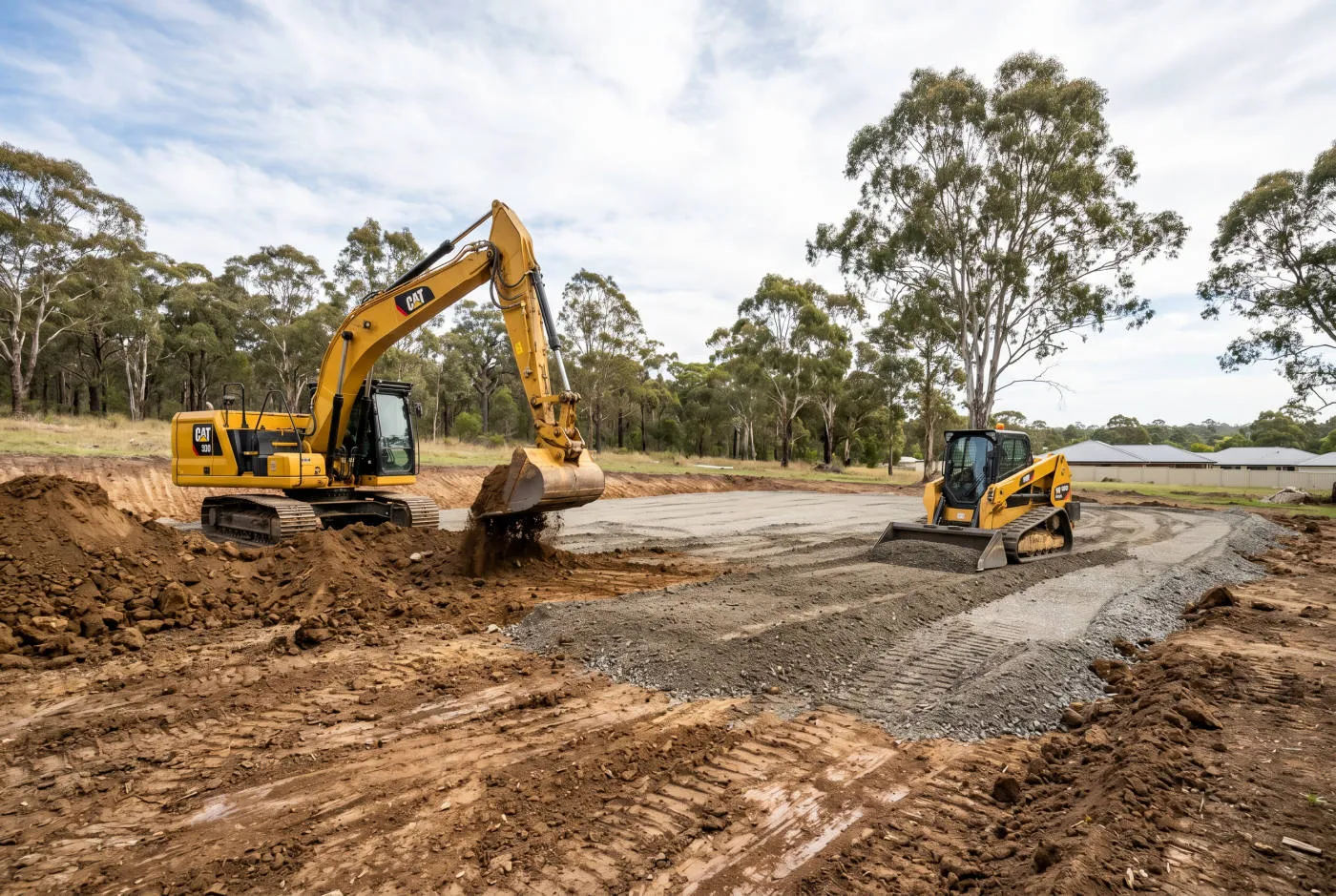 Excavator preparing a building pad for concrete