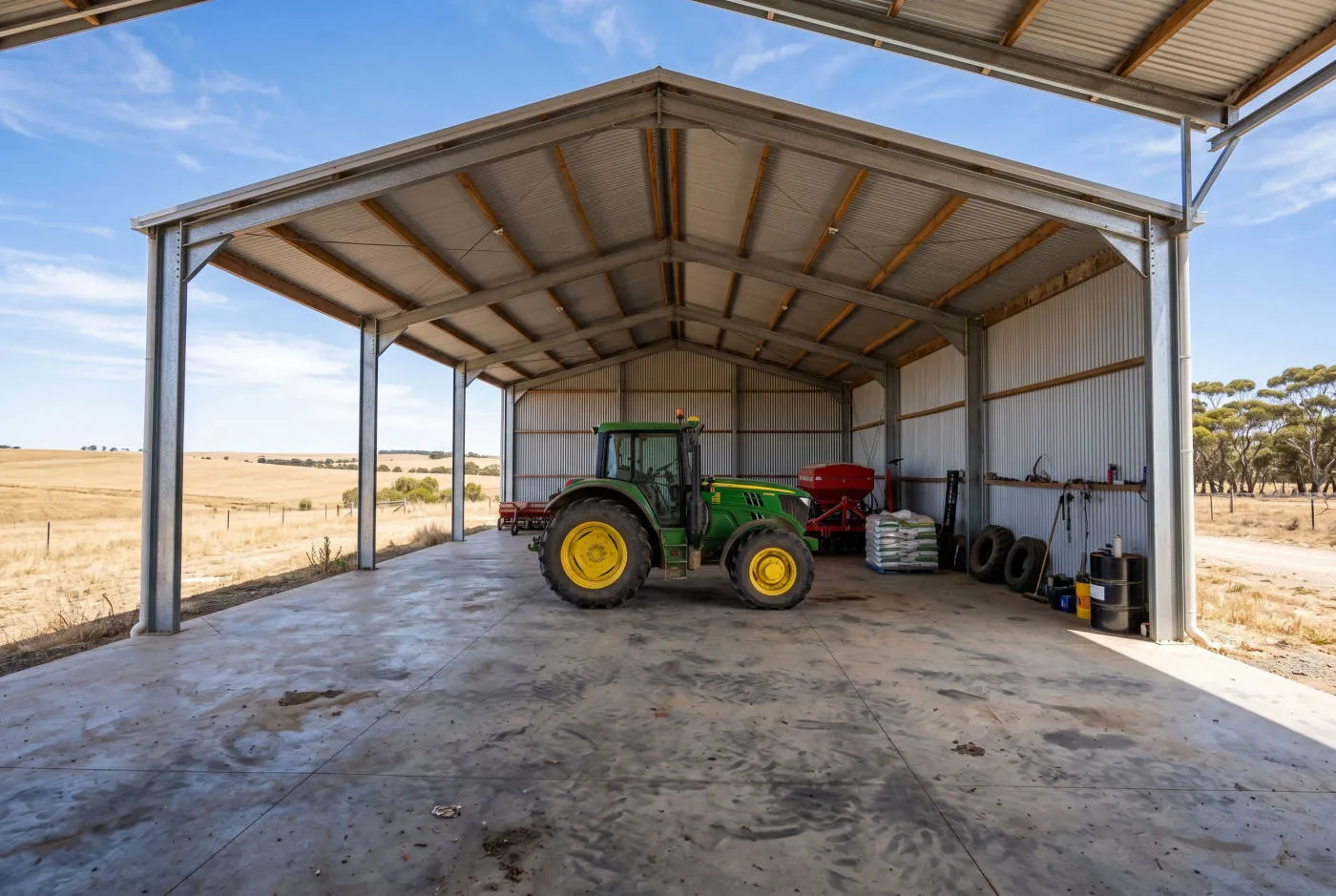Large rural farm machinery shed slab on a working property