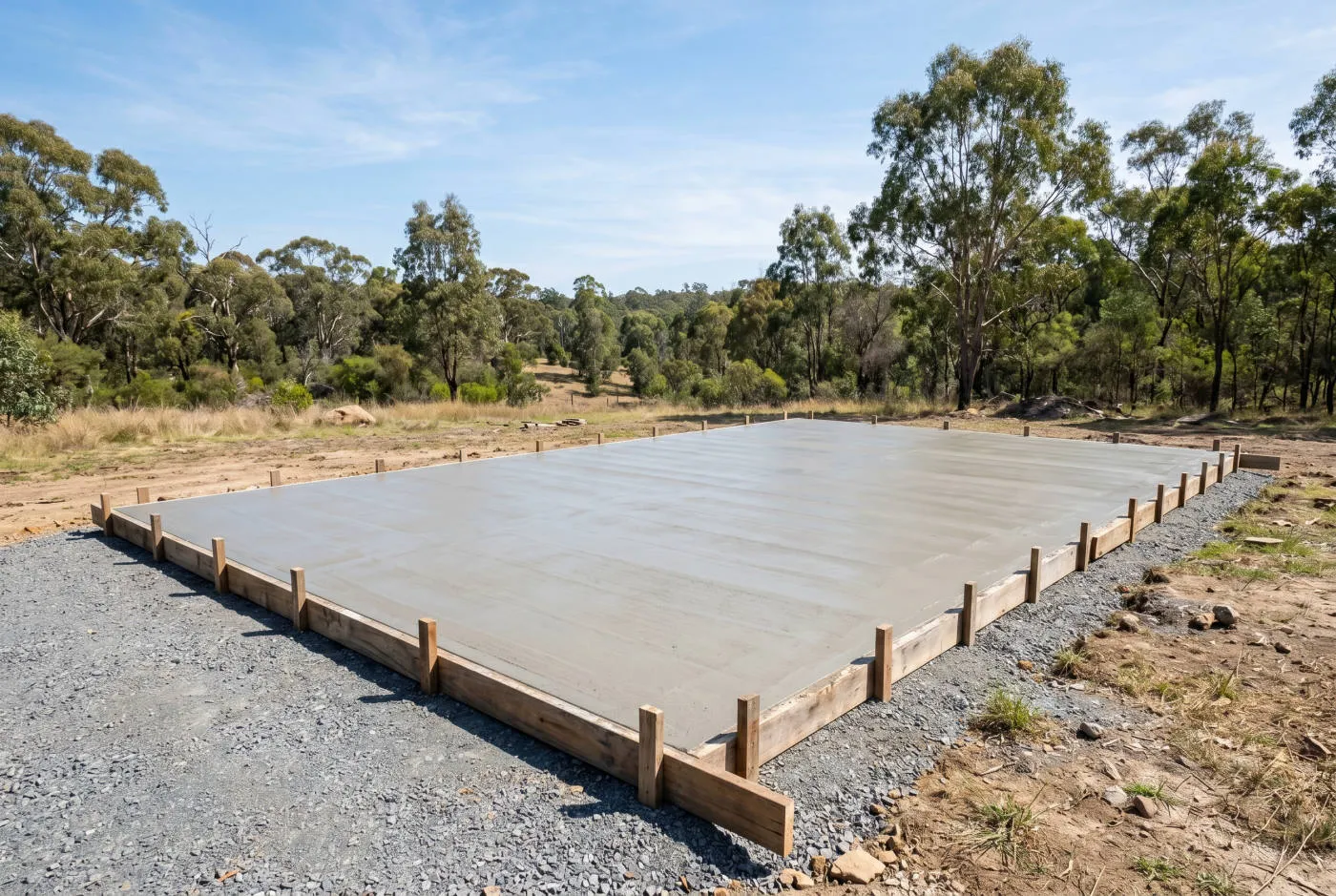 Freshly poured, dead-level concrete shed slab with timber formwork